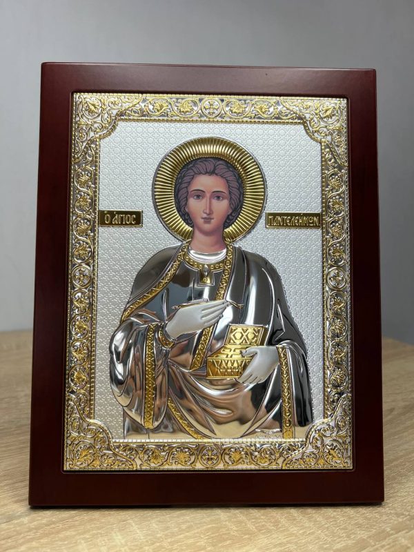 Пантелеймон, икона прямоугольная с рамкой, красное дерево 185х235