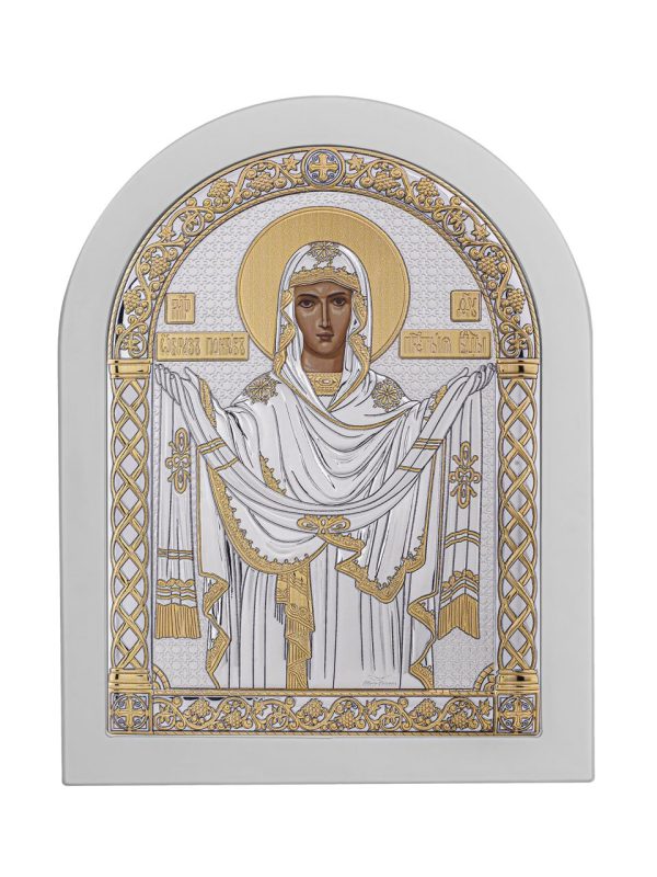 Покрова БМ, икона арочная, белое дерево 175х225