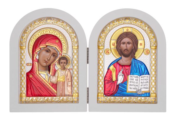 Складень, Спаситель, Казанская БМ, икона арочная, белое дерево, эмаль 230x360