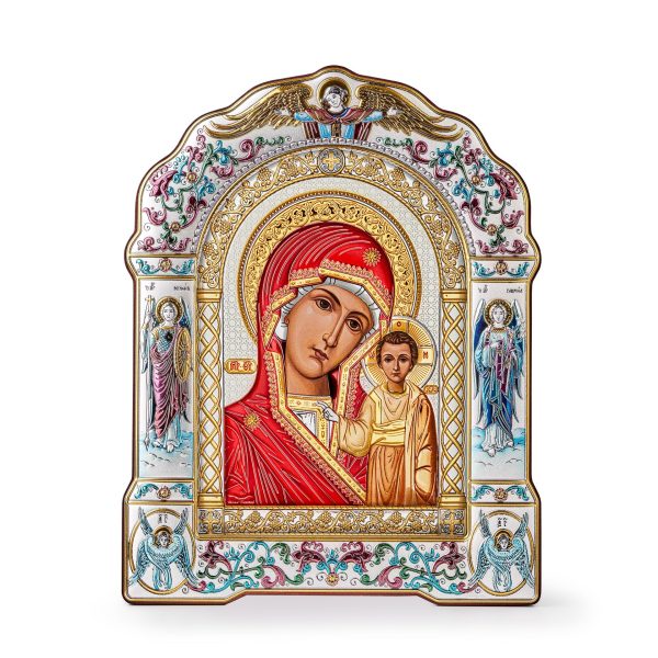 Казанская БМ, икона арочная с рамкой под стеклом, белое дерево, эмаль 266х335