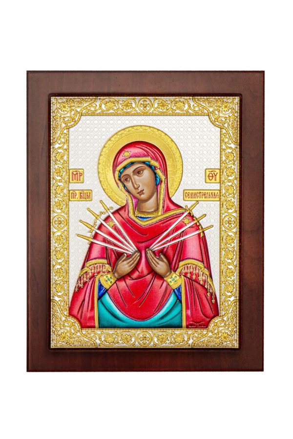 Семистрельная БМ, икона прямоугольная с рамкой, красное дерево, эмаль 210х260