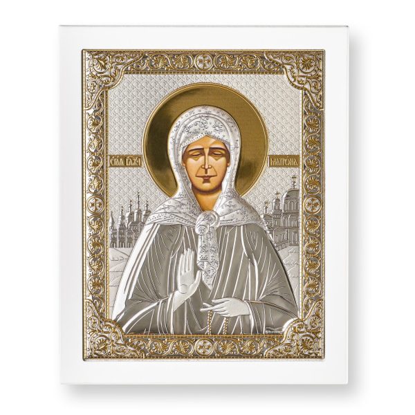 Матрона, икона прямоугольная с рамкой, белое дерево 185х235