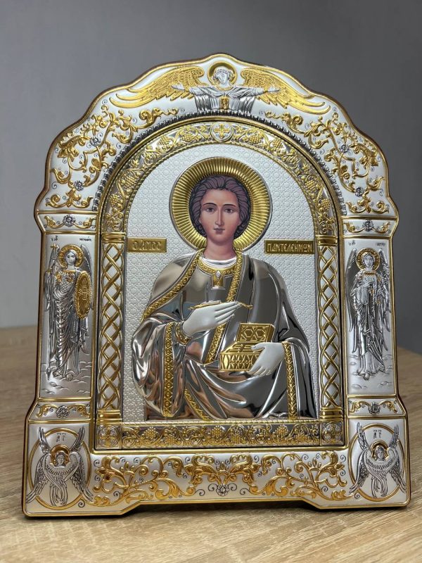 Пантелеймон, икона арочная с рамкой, красное дерево 206х270