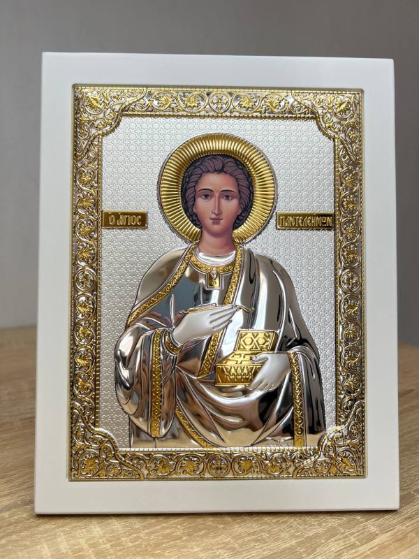 Пантелеймон, икона прямоугольная с рамкой, белое дерево 185х235