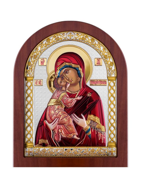Владимирская БМ, икона арочная, красное дерево, эмаль 206х275