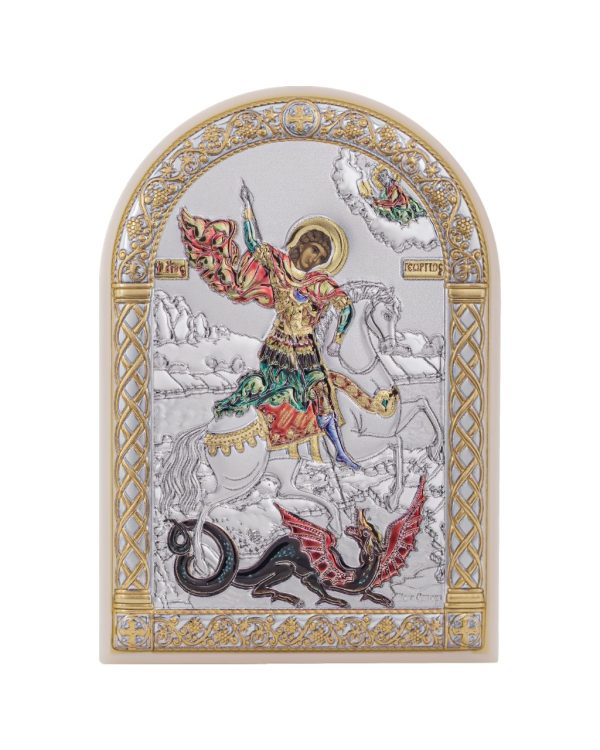 Георгий Победоносец, икона арочная, пластик белый, эмаль 80х115