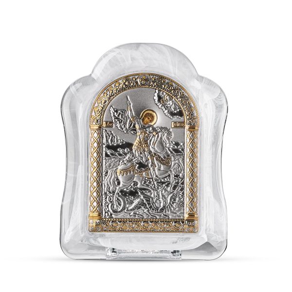 Георгий Победоносец, икона арочная, белое муранское стекло 103х147