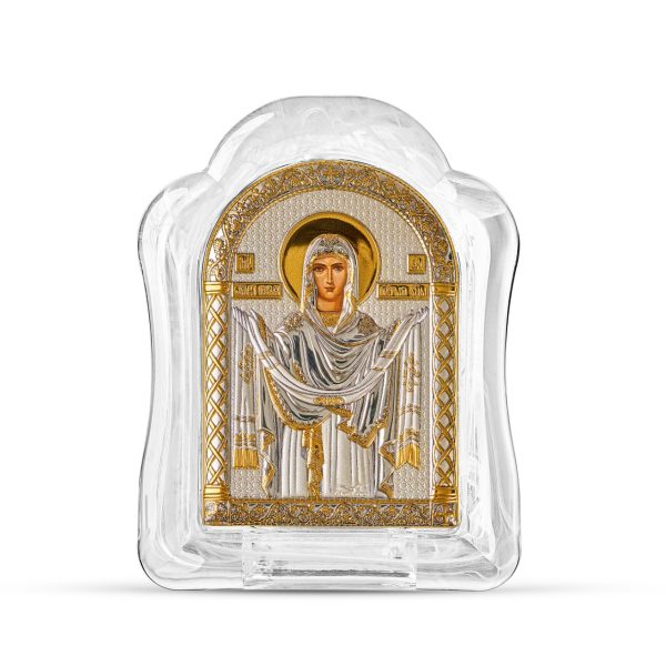 Покрова БМ, икона арочная, белое муранское стекло 65х85