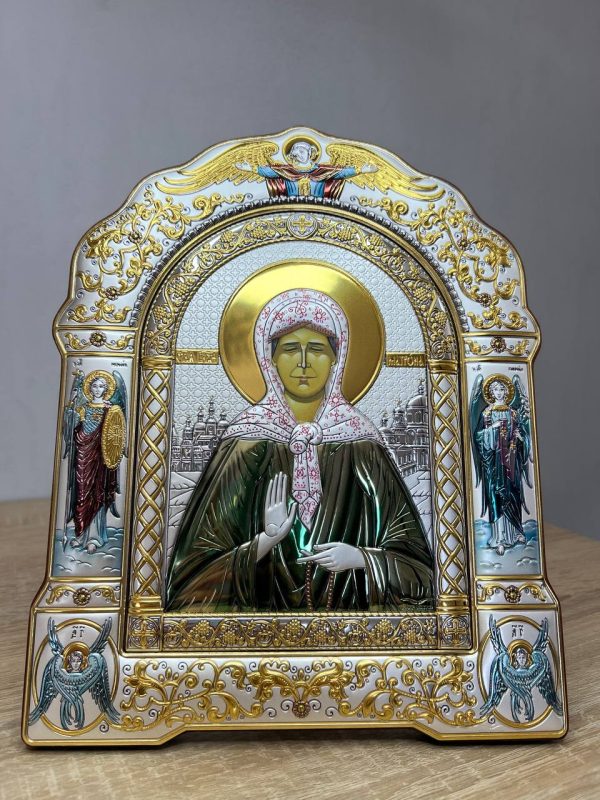 Матрона, икона арочная с рамкой, красное дерево, эмаль 206х270