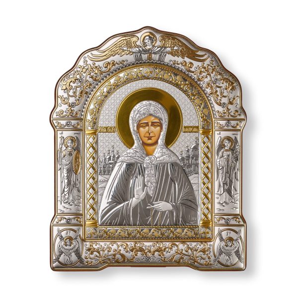 Матрона, икона арочная с рамкой под стеклом, красное дерево 167х228