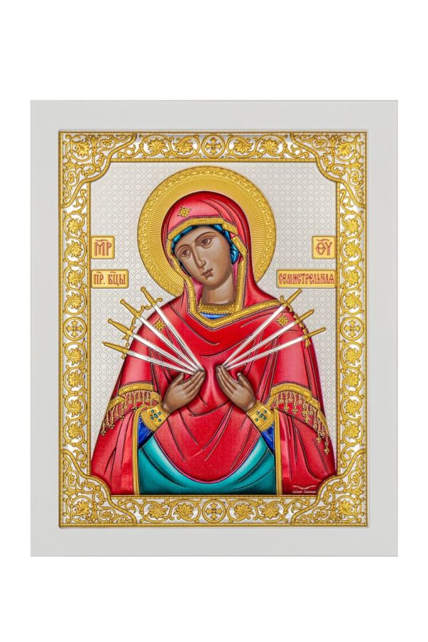 Семистрельная БМ, икона прямоугольная с рамкой, белое дерево, эмаль 185х235
