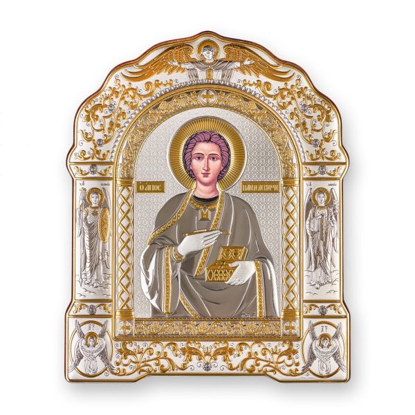 Пантелеймон, икона арочная с рамкой под стеклом, красное дерево 167х228