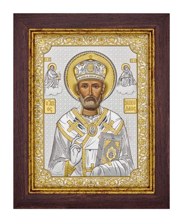 Николай Чудотворец, икона прямоугольная в рамке под стеклом, красное дерево 206х258