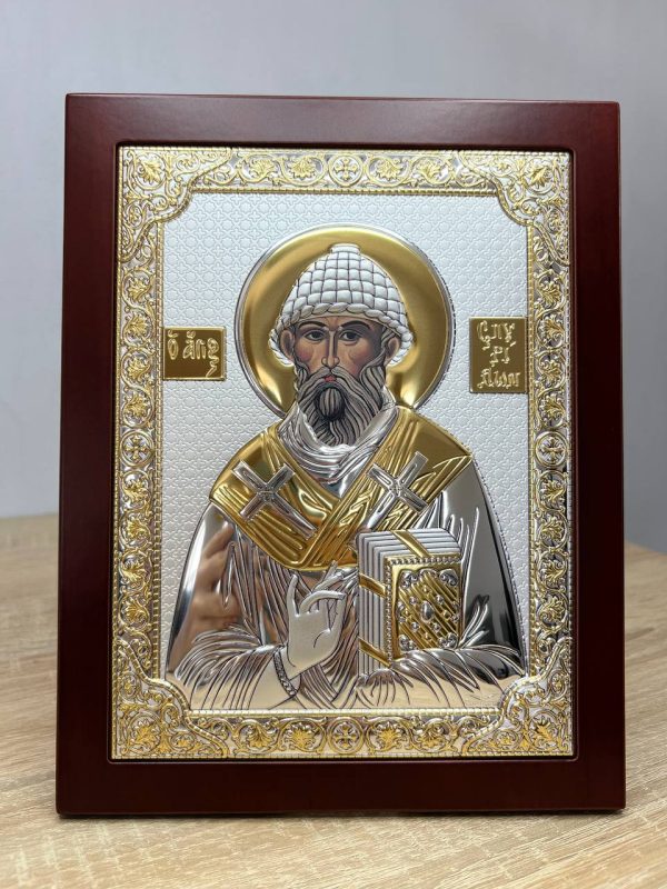 Спиридон, икона прямоугольная с рамкой, красное дерево 185х235
