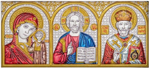 Спаситель, Казанская БМ, Николай Чудотворец, триптих, эмаль, 46х101