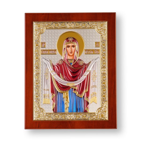 Покрова БМ, икона прямоугольная с рамкой, красное дерево, эмаль 210х260