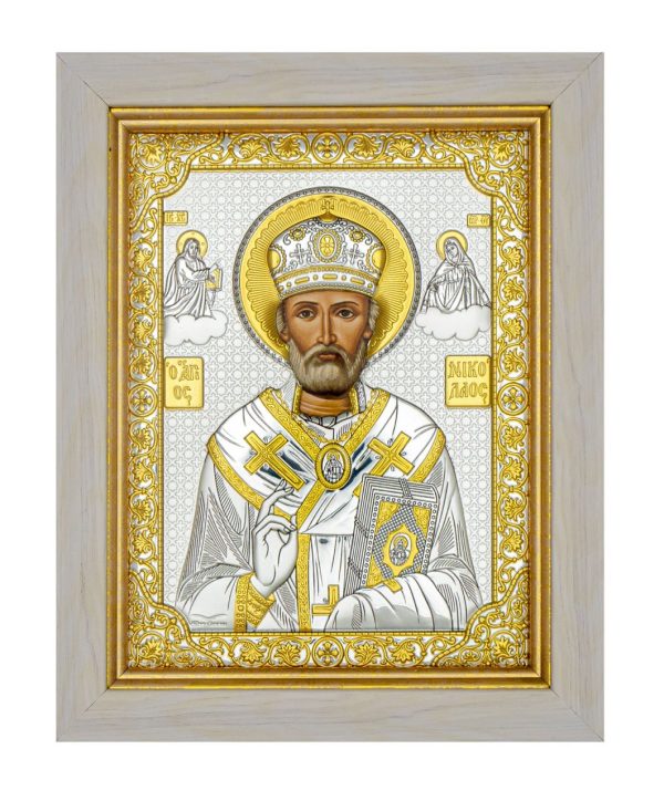 Николай Чудотворец, икона прямоугольная в рамке под стеклом, белое дерево 206х258