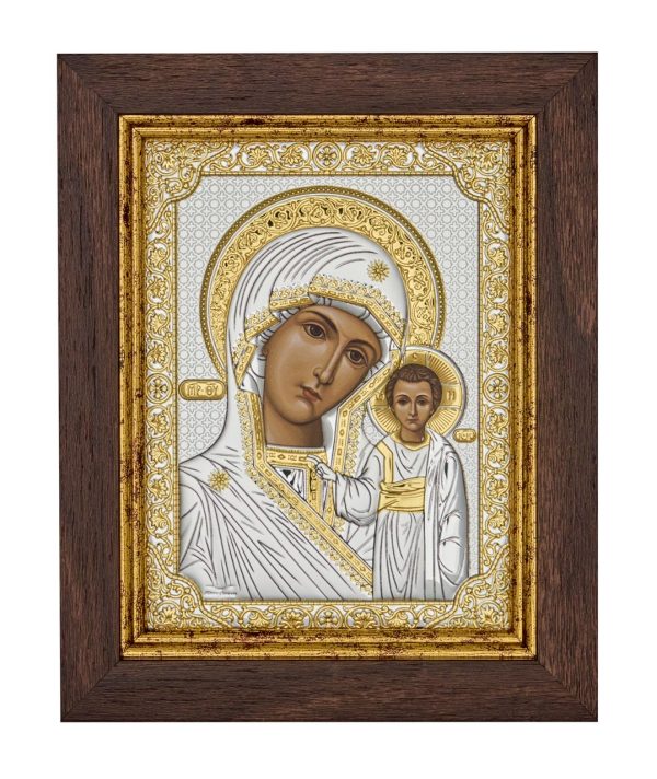 Казанская БМ, икона прямоугольная в рамке под стеклом, красное дерево 206х258