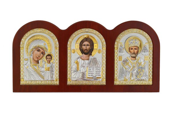 f88966726de930fee397609fab69b0de.jpg Триптих, Спаситель, Казанская БМ, Николай Чудотворец, икона, красное дерево 75х160