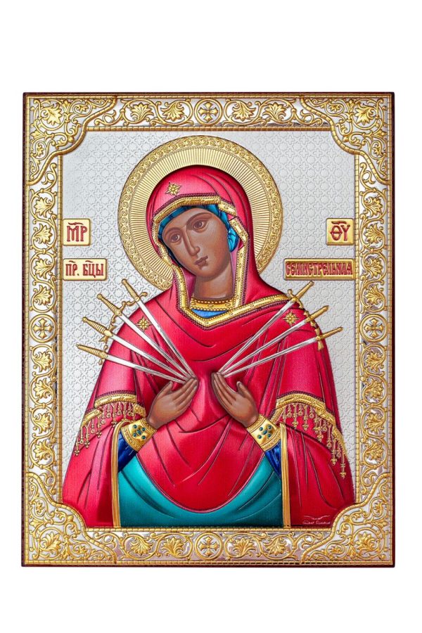 Семистрельная БМ, икона прямоугольная без рамки, красное дерево, эмаль 175х225