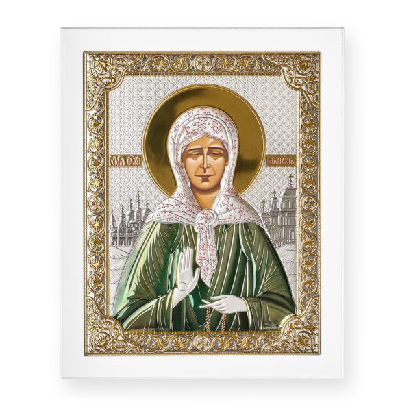 Матрона, икона прямоугольная с рамкой, белое дерево, эмаль 210х260