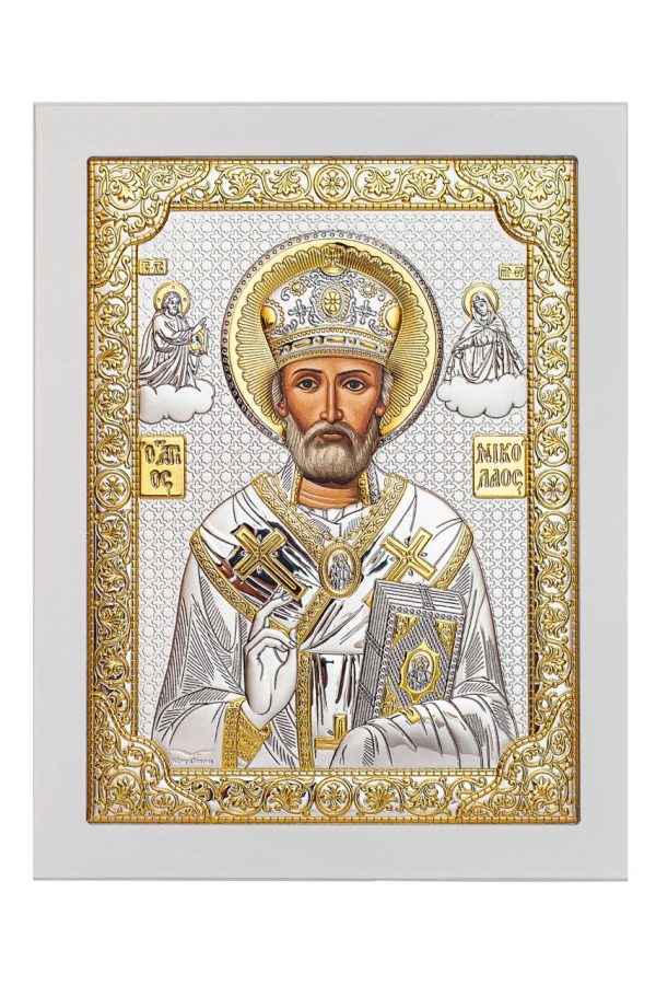 Николай Чудотворец, икона прямоугольная с рамкой, белое дерево 210х260