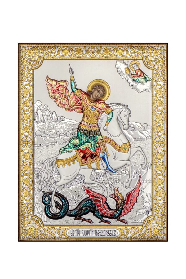 Георгий Победоносец, икона прямоугольная без рамки, красное дерево, эмаль 120х160