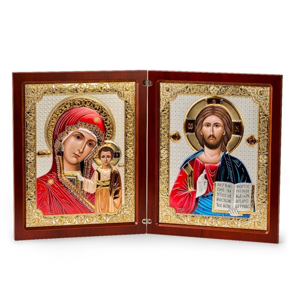 Складень, Казанская БМ, Молитва, икона прямоугольная, красное дерево, эмаль 235x370
