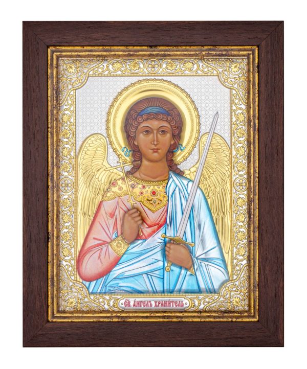 Ангел Хранитель, икона прямоугольная в рамке под стеклом, красное дерево, эмаль 206х258