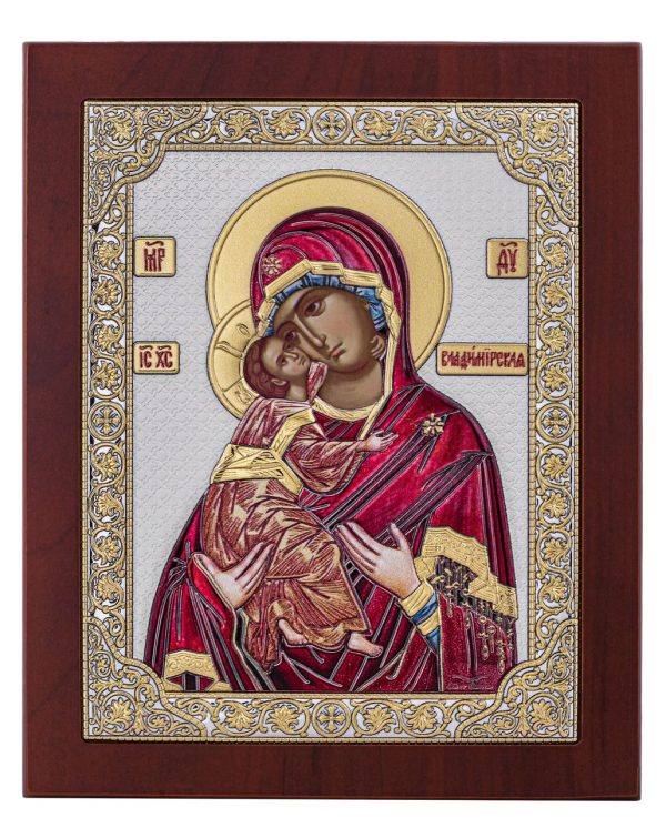 Владимирская БМ, икона прямоугольная в рамке под стеклом, красное дерево, эмаль 206х258