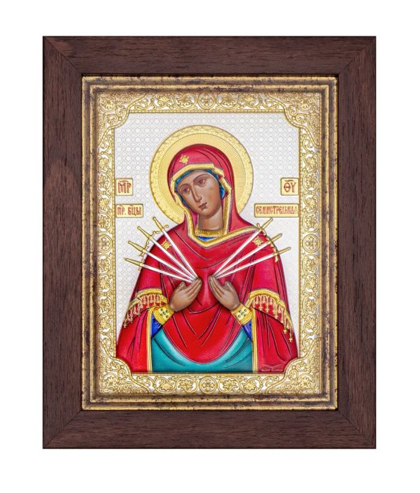Семистрельная БМ, икона прямоугольная в рамке под стеклом, красное дерево, эмаль 206х258