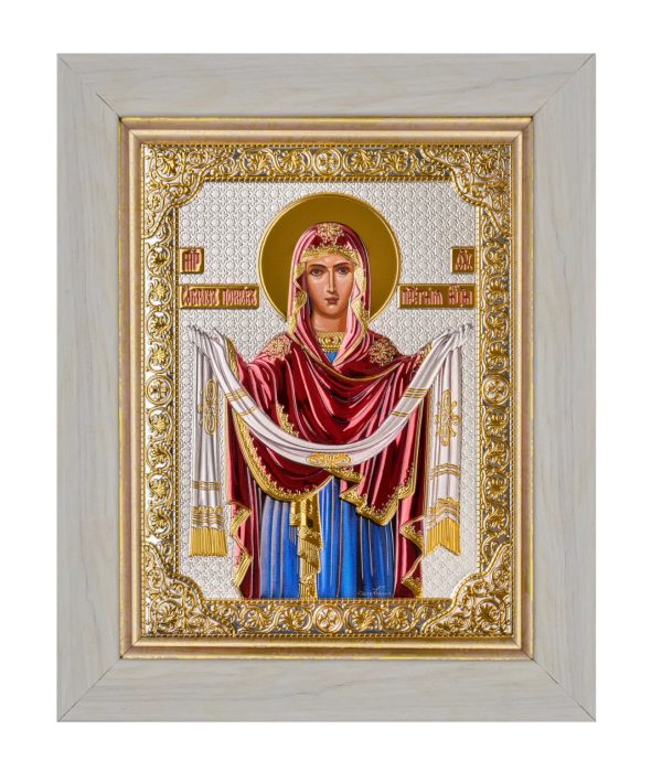 Покрова, икона прямоугольная в рамке под стеклом, белое дерево, эмаль 206х258