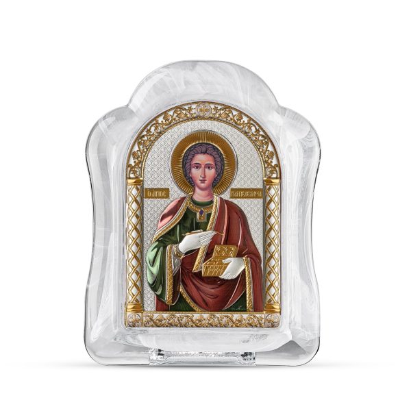Пантелеймон, икона арочная, белое муранское стекло, эмаль 65х85