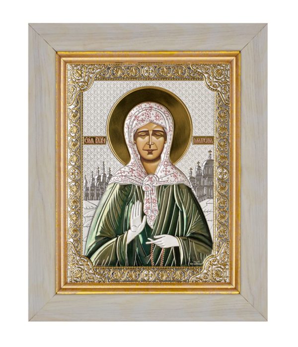 Матрона, икона прямоугольная в рамке под стеклом, белое дерево, эмаль 206х258