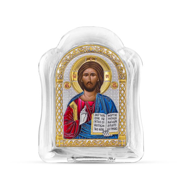 Спаситель, икона арочная, белое муранское стекло, эмаль 65х85