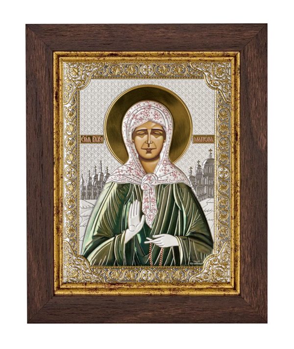 Матрона, икона прямоугольная в рамке под стеклом, красное дерево, эмаль 206х258