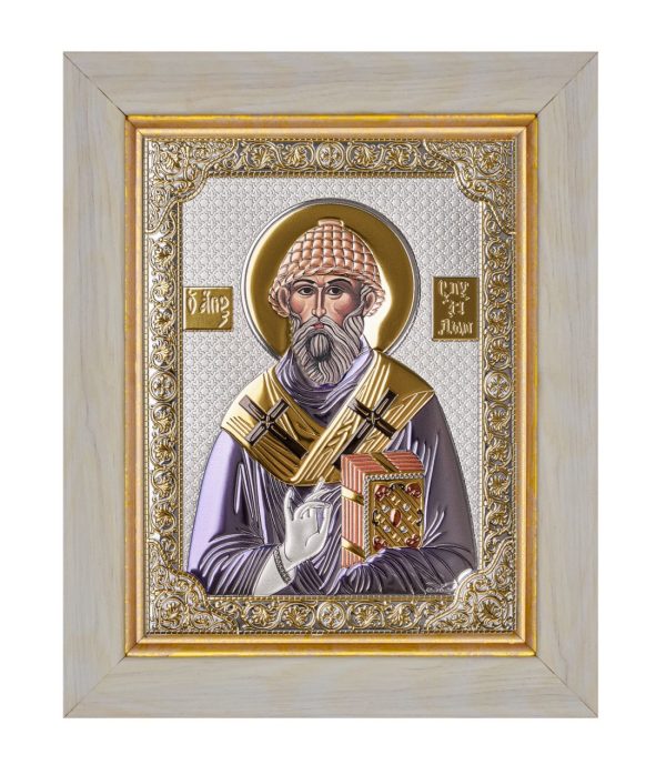 Спиридон, икона прямоугольная в рамке под стеклом, белое дерево, эмаль 206х258