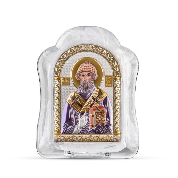 Спиридон, икона арочная, белое муранское стекло, эмаль 65х85
